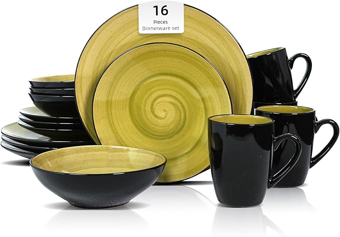 Sonoma 16 Piece Stoneware Dinner Set Outside Black + Inside Handpainted Color Green with Black speckle