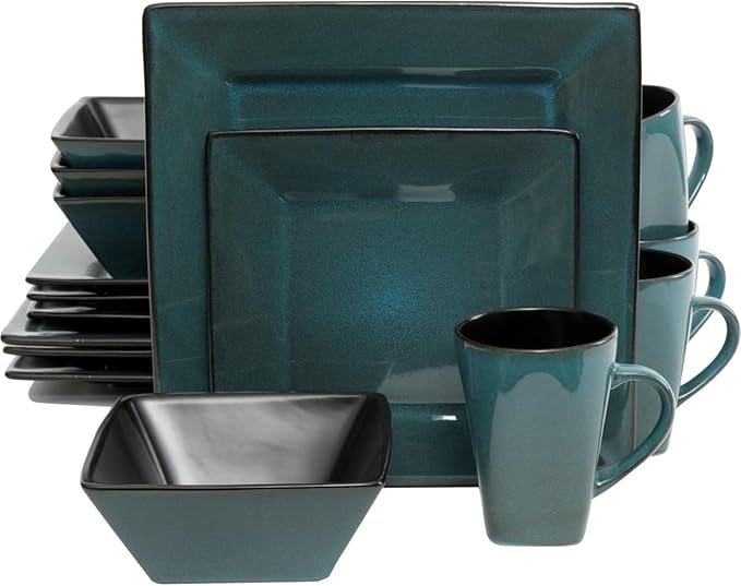 16-Piece Square Stoneware Dinnerware Set – Reactive Glaze Sea Green Dish Set Service for 4 Microwave &amp Dishwasher Safe
