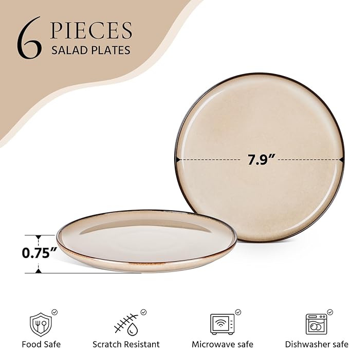 E-far 12-Piece Plates and Bowls Set and 8” Ceramic Salad Plates Set of 6 Budnle Stoneware Dinnerware Sets for 4 Round Dessert Plate for Home Kitchen Restaurant Microwave &amp Dishwasher Safe