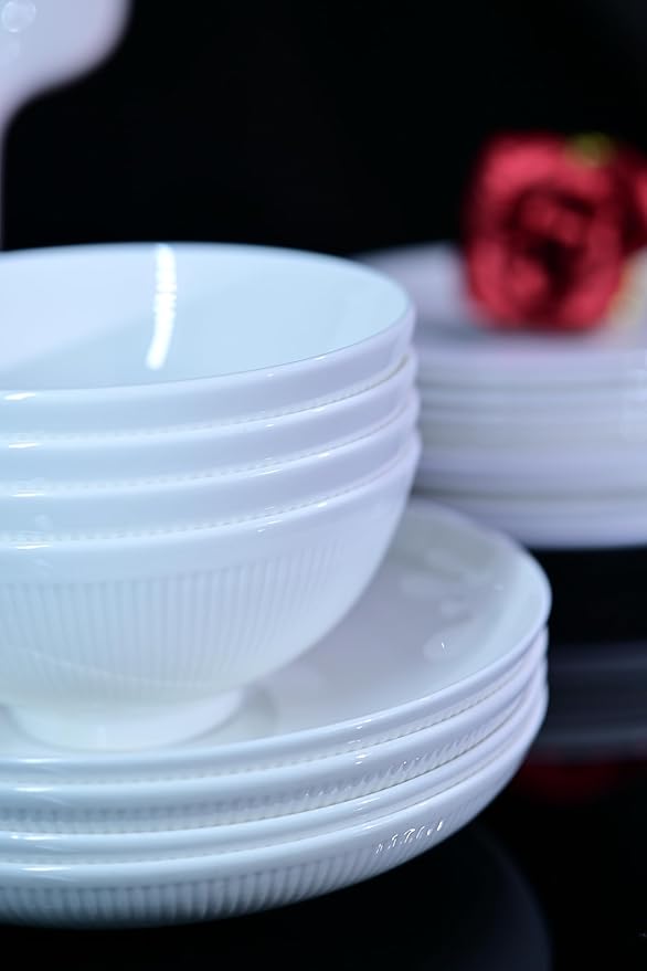 Dandilion Bone China Dinnerware Set 16 Pieces Service for 4 Plates Dishes Bowls Set Microwave and Dishwasher Safe Ivory White with Radial Lines