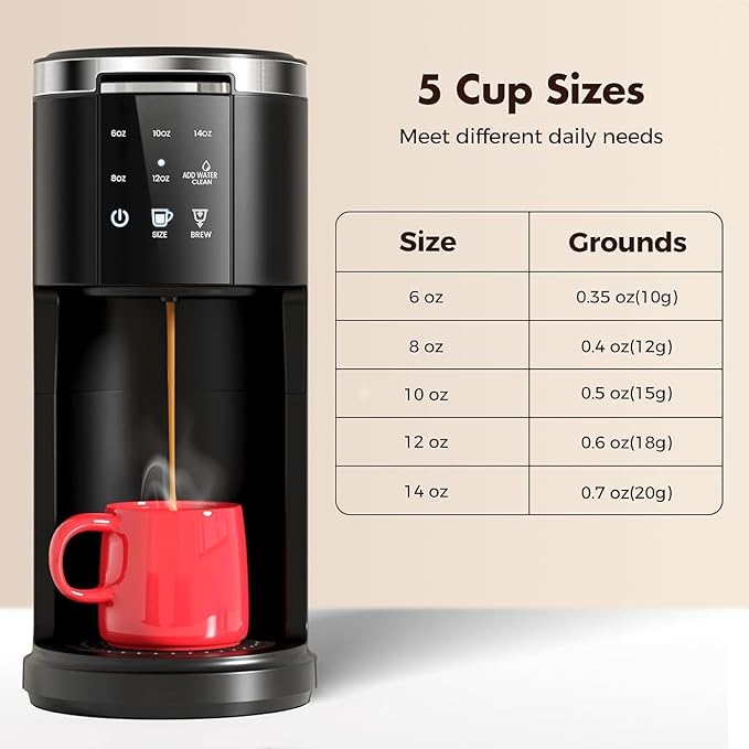 Single Serve Coffee Maker 2 in 1 Coffee Machine for K-Cup &amp Ground Coffee 6 to 14oz Brew Sizes Pod Coffee Makers with 40oz Removable Water Reservoir LCD Screen Self-cleaning for Home