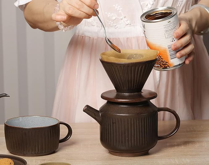 Pottery Pour Over Coffee Maker Ceramic Cone Filter Hand Drip Coffee Dripper Reusable Stoneware Pourover Coffee Brewer Size 02 (Rustic Chocolate Brown)