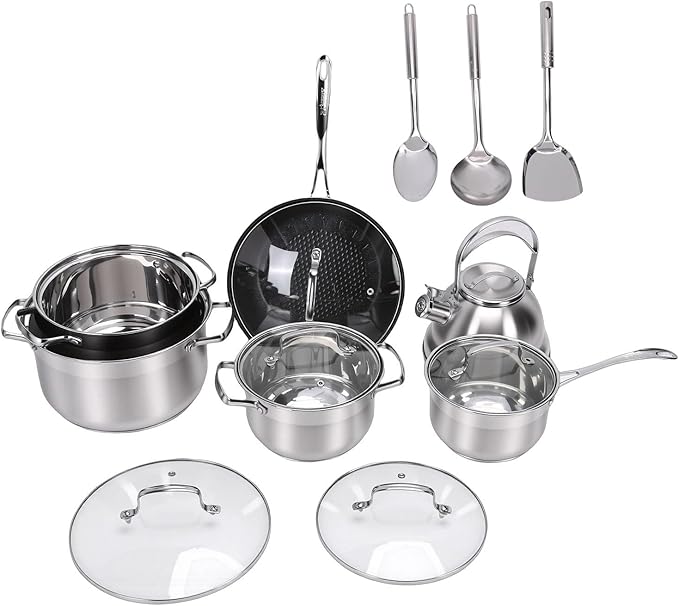 Pssopp Cookware Set Stainless Steel Cookware Set Induction Cooker Pot Kit for Kitchen Cooking Frying Boiling Simmering Nan