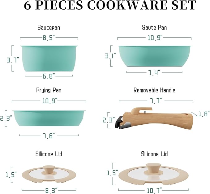 ShanSon 6 Pieces Kitchen Non-Stick Cookware Sets with Removable Handle Stackable Pots and Pans Set Nonstick for Induction Gas RVs Camping Space SavingGreen