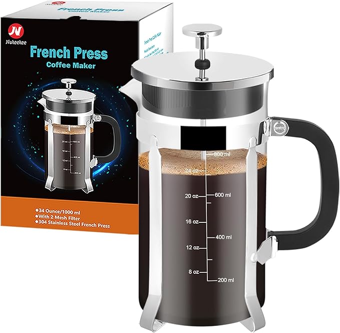 French Press Coffee Maker34oz 304 Stainless Steel with 2 Filter Heat Resistant Durable Easy to Clean Borosilicate Glass Press BPA Free Glass TeaPot-34 Ounce 1 Liter (Chrome)