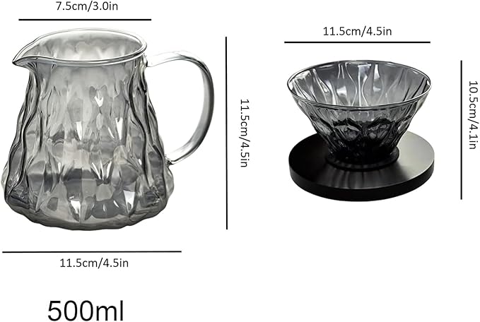 Pour Over Coffee Maker Set 500ML Glass Carafe Coffee Server with Dripper Set V60 Glass Coffee Filter with Wood Base for Home Office Gift 1-4 Cups