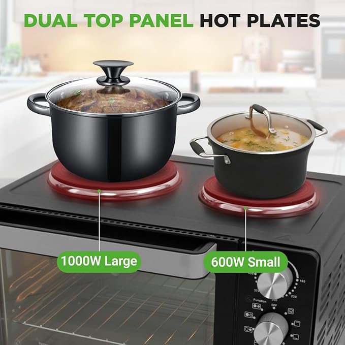Nutrichef 2-in-1 Convection Oven &amp Cooker - 30 Quart 1500W Multi-Function Kitchen Oven with Dual Hot Plates 7 Cooking Modes Including Rotisserie Broil Bake - 19.6 x 16.0 x 13.5 Inches