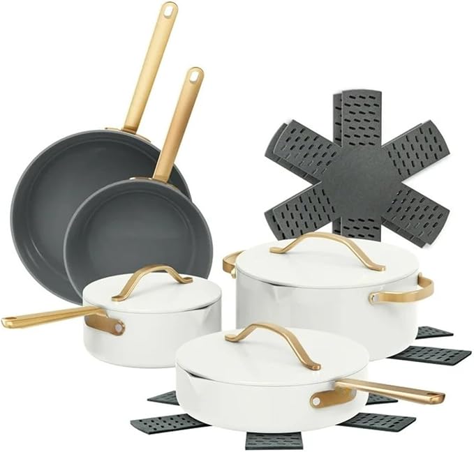 12-Piece Ceramic Nonstick Cookware Set Pots and Pans with Strainer Lids (White Icing)