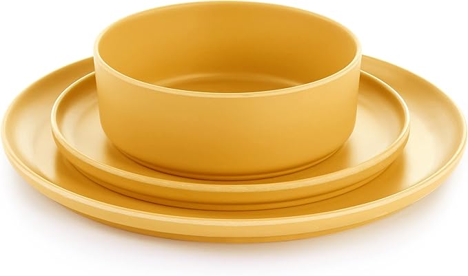 12 Piece Round Dinnerware Set in Yellow Pieces Solid Casual