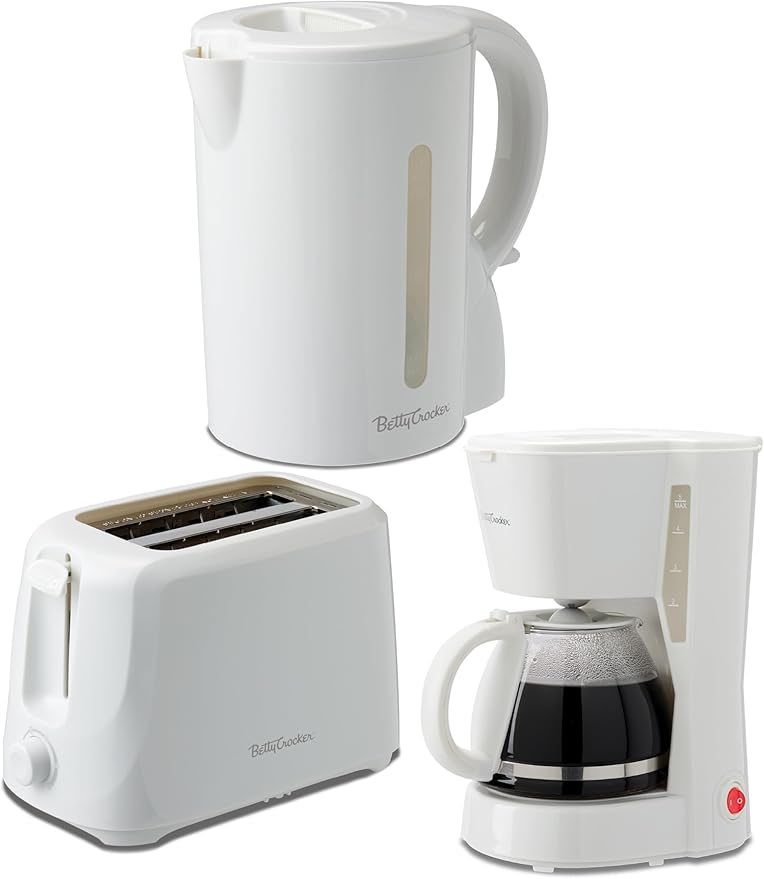 Betty Crocker 3-Piece Kitchen Appliances Set: 5-Cup Automatic Drip Coffee Maker 1.7L Electric Kettle &amp 2-Slice Toaster STRIX Technology Kettle Cool Wall Housing BC-4995W White