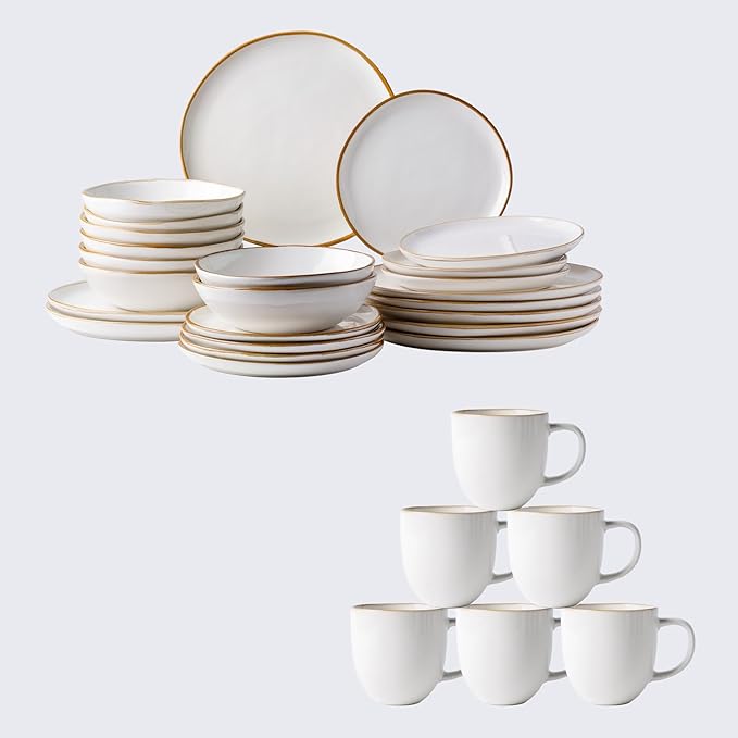 AmorArc 24PCS Ceramic Dinnerware SetsHandmade Reactive Glaze Plates and Bowls SetsHighly Chip and Crack Resistant | Dishwasher &amp Microwave Safe Dishes Set Service for 6