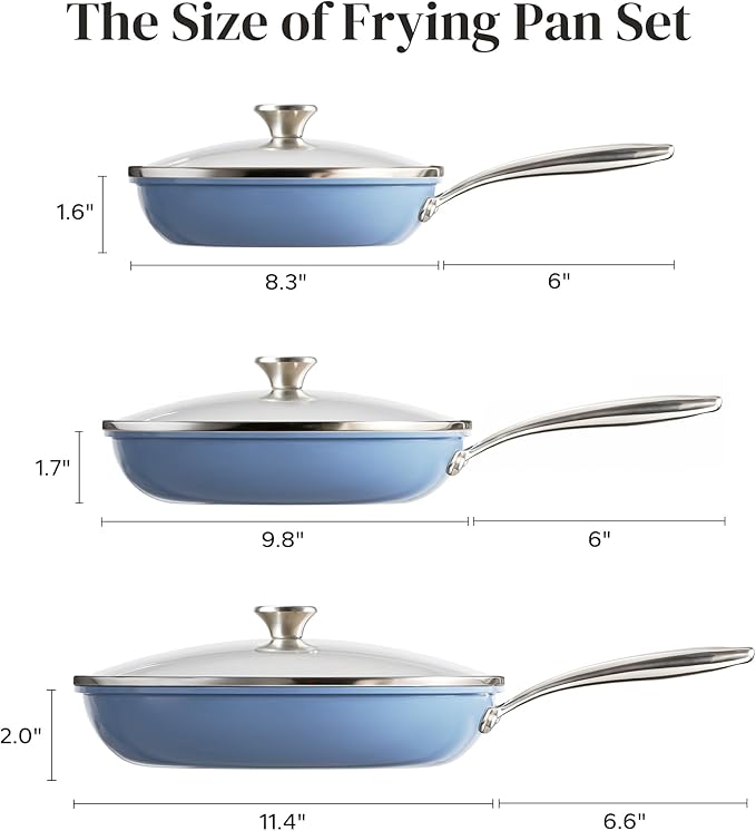 Redchef Nonstick Cookware Sets Ceramic Frying Pan Set with Tempered Glass Lids Non Stick Cooking Set Dishwasher &amp Oven Safe Induction Safe Compatible with All Cooktops Blue (8 9.5 11)