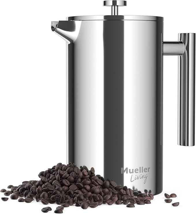 MuellerLiving French Press Coffee Maker 34oz Stainless Steel French Press Coffee 4 Filter Heat Resistant Double Insulated Rust-Free Food Grade Dishwasher Safe Coffee Pot