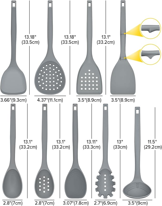 Silicone Cooking Utensils Set 9 Pcs Heat Resistant Kitchen Utensils with Back Hooks BPA Free Kitchen Tools with Spatulas Spoons Skimmer and Pasta Fork for Non Stick Cookware (GRAY)