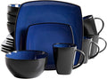 16-Piece Soho Lounge Square Stoneware Dinnerware Set – Bold Colors &amp Modern Design – Microwave &amp Dishwasher Safe (Blue)