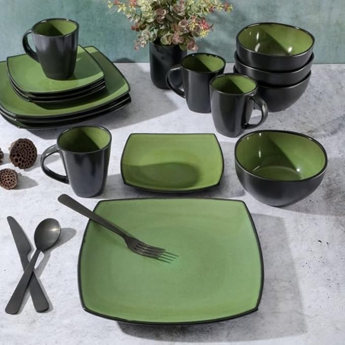 TRP 16 Piece Square Two-Tone Stoneware Dinnerware Set Green/Black Reactive Glaze Finish Dishwasher and Microwave Safe Expertly Crafted