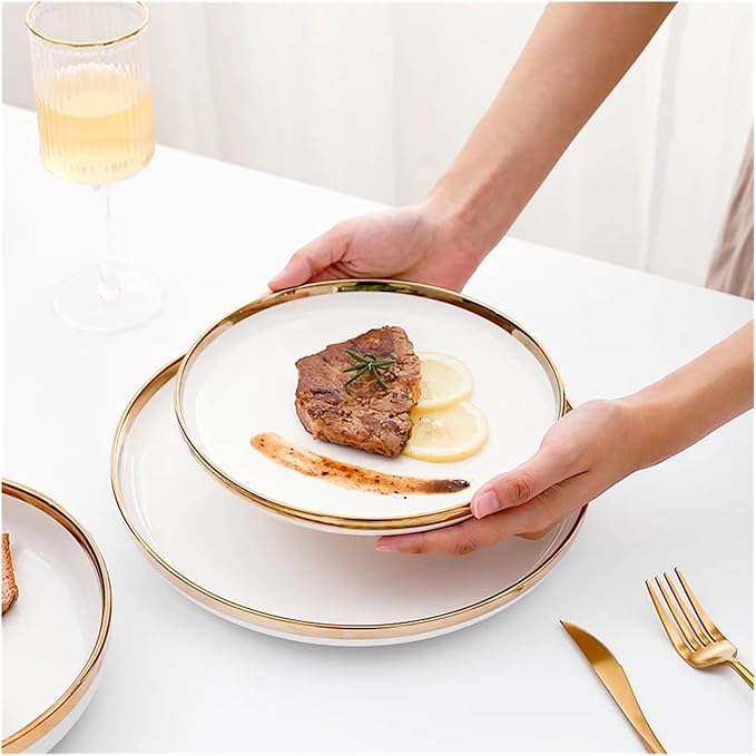 Dinner Sets Gold Bright White Porcelain Dinner Sets Ceramic Bowl Dish Plates Set Porcelain Dinnerware For Household HotelBright 1 People Set