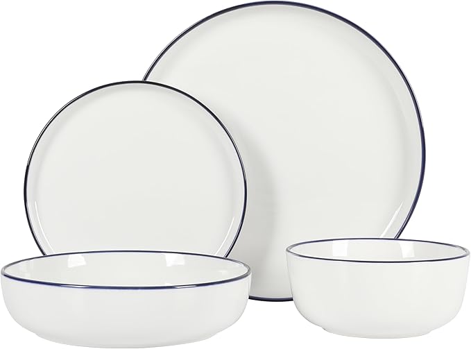 Gibson Home Oslo 16-Piece Porcelain Ceramic Chip &amp Scratch Resistant Dishes Microwave &amp Dishwasher Safe Plates and Bowls Dinnerware Set White w/Blue Rim