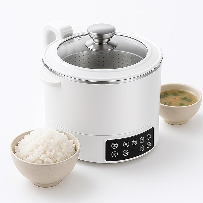 3L Low Sugar Rice Cooker with Lifting Steamer Basket Electric Stainless Steel Rice Maker Carb Reducing Fast Heating 3-Speed Touch Control Compact for Dorm Home Kitchen UseWhite