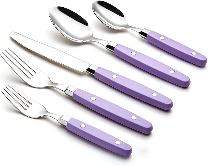 ANNOVA Silverware Set Retro/Rivet Colorful Stainless Steel Tableware Kitchen Flatware Set Utensils Includes Dinner Knives Forks Spoons Salad Forks &amp Dessert Spoons (Lilac 20 Pieces)