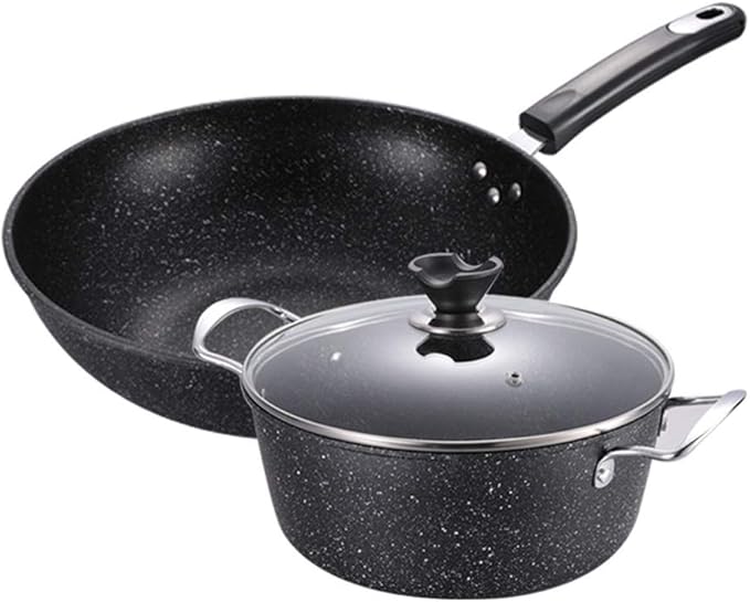 JSEIAJB Cookware Set Kitchen Soup Saucepan Induction Safe Thickened Frying Pan with Glass Lid 2PCS/Set