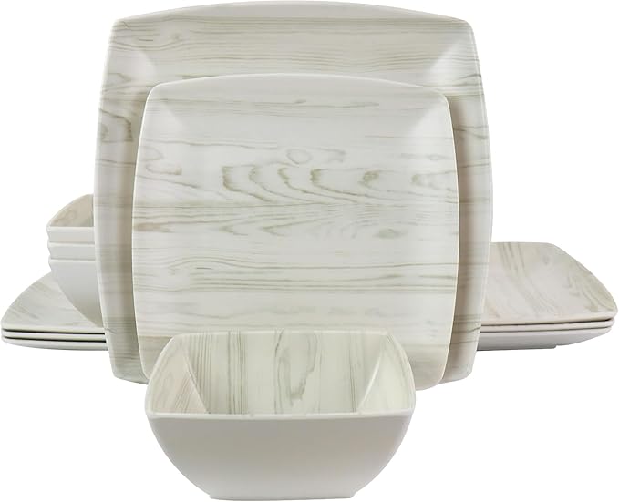 12-Piece Melamine Dinnerware Set – Woodgrain Outdoor Plates and Bowls for 4 Durable Shatter-Resistant Tableware Lightweight Rustic Design Dishwasher Safe