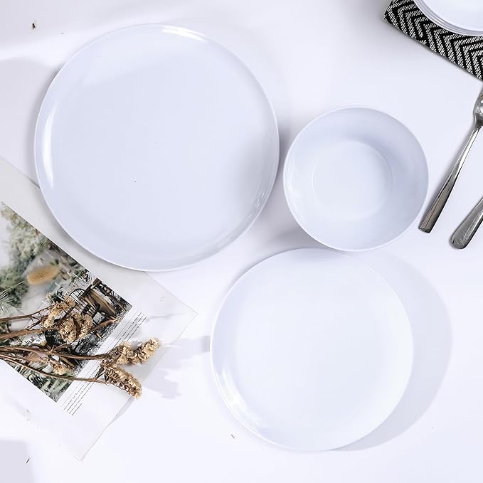 Melamine Dinnerware Sets18-piece Melamine Plates and Bowls Set Unbreakable Dishes Set for 6 Dishwasher SafeIndoor and Outdoor UseLightweightWhite