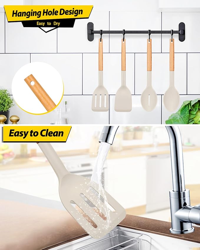 Pack of 4 Silicone Cooking Utensils Set Non Stick Solid Spatulas and Heat Resistant Slotted Spoons with Wooden Handle Ideal Wood Kitchen Utensils Set for FryingServingTurningStirring (KHAKI)