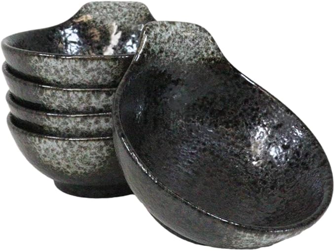 Ebros Gift Artistic Charcoal Grey Tone Hakumu Porcelain Collection Dinnerware Serveware Kitchenware Set Asian Japanese Restaurant Supply (Pack Of 5 Small Ponzu Sauce Miso Soup Bowls With Handle 5oz)