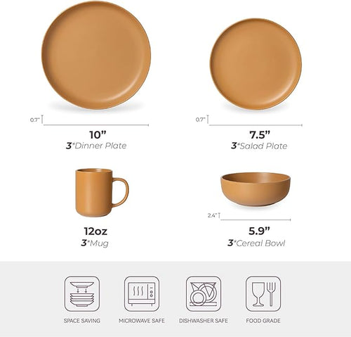 12-Piece Stoneware Dinnerware Set for 3 Matte Glaze Finish Mustard Yellow Microwave and Dishwasher Safe Includes Dinner Plates Salad Plates Bowls Mugs