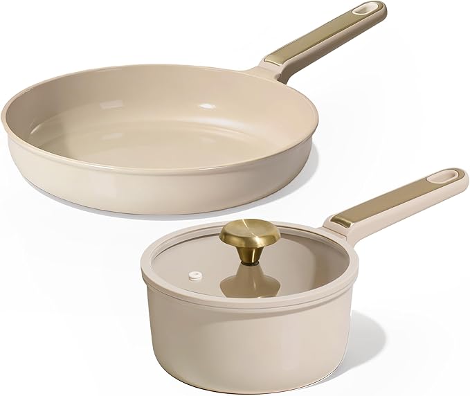 CAROTE Ceramic Cookware Set Nonstick 3pcsnon stick frying pans&ampceramic sauce pan with lid light taupe
