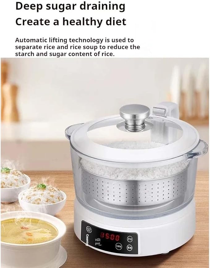 Rice Cooker Rice Steamer Low Carb  Low Sugar Digital Steamer 3.3L Glass Inner Pot with Steaming Basket Visual Electric Cooker with 6 Menus for Family Use