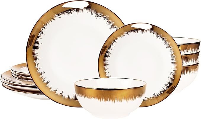 Dinnerware Sets(12Pcs) Serves for 4 Modern Dinnerware Gilded Edge Plates and Bowls Set with 8.3Small Plate 10.2dinner Plate 6.1Soup bowl apply Indoor Outdoor (Gilded set)