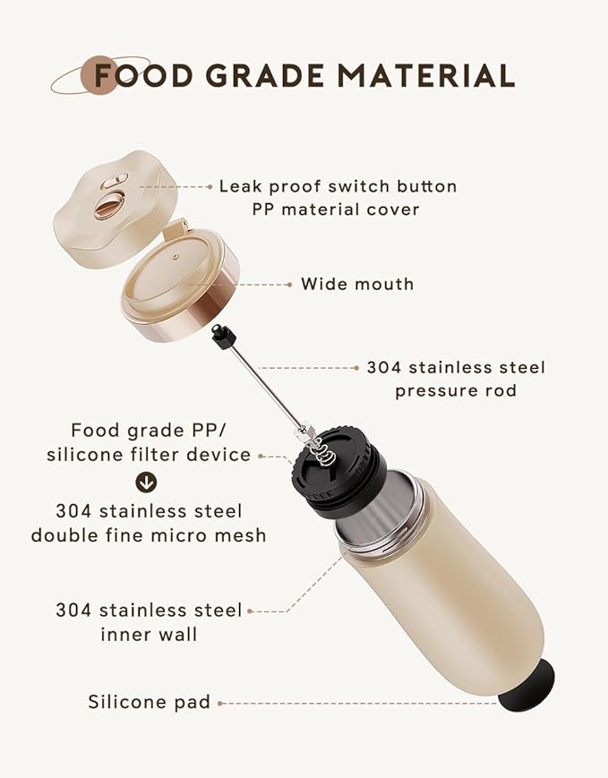 BENFUCHEN Travel Coffee Press Vacuum Insulated Portable French Press Stainless Steel Portable Coffee Maker/Tea Press 12oz Beige