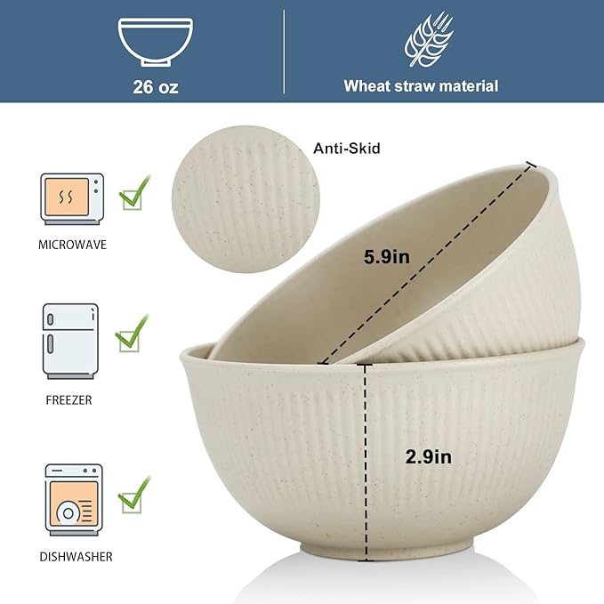 Wrova wheat straw bowls and plates sets with 12oz cups - unbreakable dinnerware sets of 22 - Beige series 2