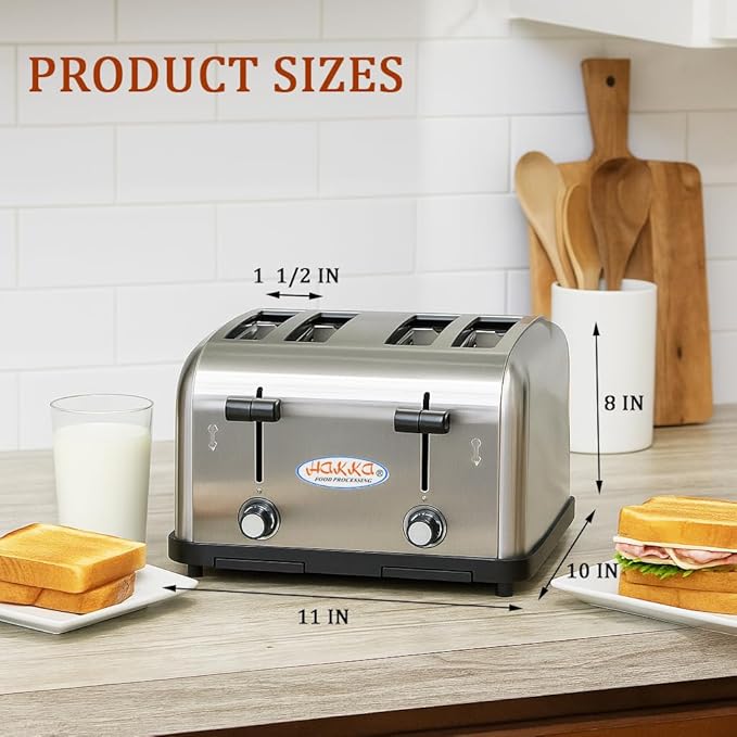 Hakka Toaster 4 Slice Heavy-Duty Stainless Steel Toasters Commercial Toaster with Extra Wide Slots Auto Pop-up &amp Removable Crumb Tray 1800W/110V