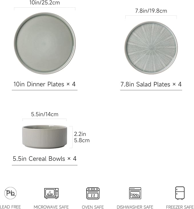 Dinnerware Sets for 4 Ceramic Plates and Bowls Set 12 Piece Dinnerware Chip Resistant Stoneware Dishwasher and Microwave Safe-Green