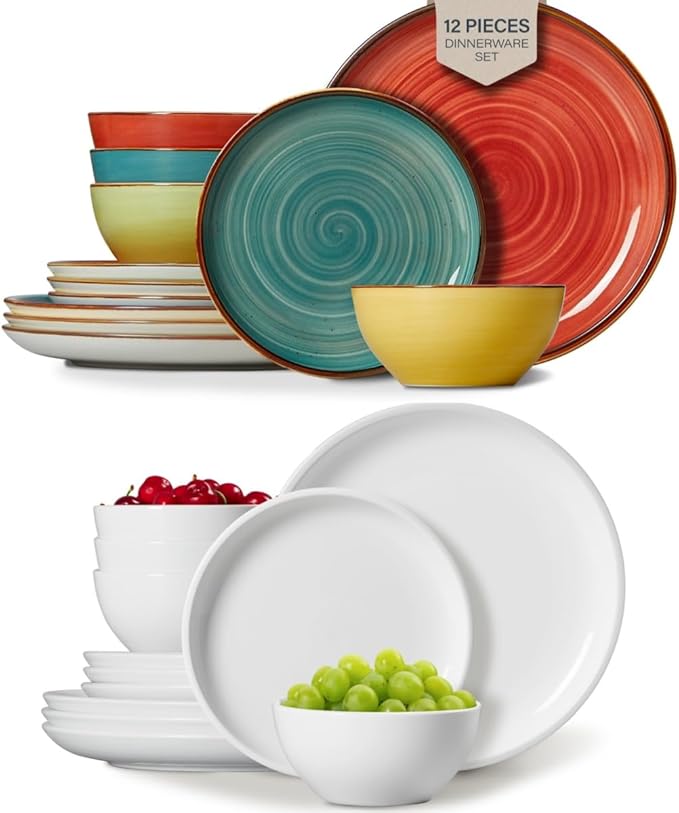 ONEMORE Plates and Bowls SetCeramic Dish Set for 4(12pcs) - Microwavable Oven &amp Dishwasher Safe Porcelain Dinnerware Set