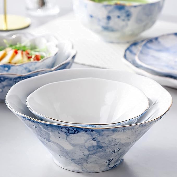 Dinner Set for Luxury Restaurant and Home 24 Pieces Porcelain Dish Set Dinnerware Sets Plates and Bowls Sets for 8 Blue Foam Series 24k Gold-PlatedB