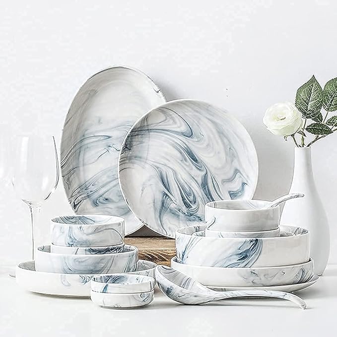 Dinnerware Sets Dish Set Ceramic Dinnerware Sets Ins Nordic Creative Plate and Bowl Set Marble Pattern Kitchen Kitchen Plate Set Dishwasher Microwave Safe51Pcs
