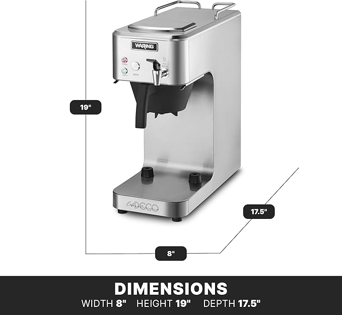Waring WCM60PT Café Deco Automatic or Pour Over Thermal Carafe Coffee Brewer Stainless Steel Construction Hot water faucet Can be Plumbed or Used as a Pour Over No Warmers 120V 5-15 Phase Plug