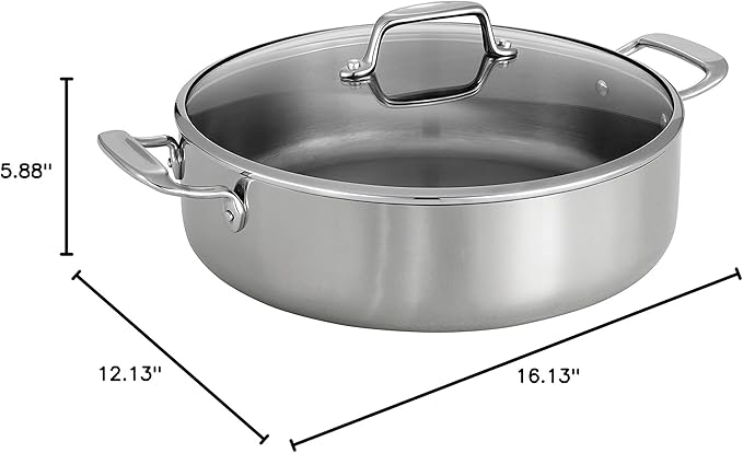 Tramontina Tri-Ply Clad Stainless Steel 6-Quart Braiser Pan with Glass Lid Induction-Ready Dishwasher-Safe NSF-Certified
