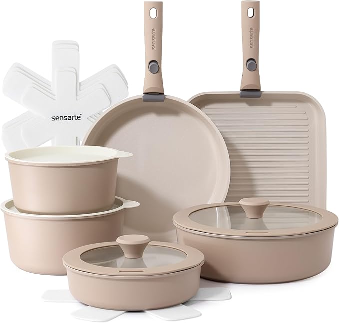 SENSARTE 17 Piece Ceramic Pots and Pans Set Nonstick Detachable Handle Cookware Induction Kitchen Cookware Set with Removable Handle Dishwasher ＆ Oven Safe (Almond Beige)