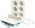 GreenLife Bakeware Healthy Ceramic Nonstick 4 Piece Toaster Oven Baking Set with Cookie Sheet Muffin and Cake Pan PFAS-Free Turquoise