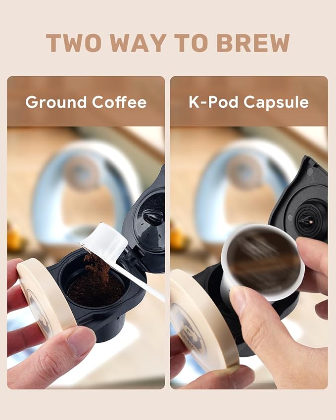 2-in-1 Coffee Maker Fast Brew in 1.5mins Single Serve Coffee Machine Compatible with K-Cup Pods &amp Ground Coffee 1400W 20s Preheat Compact for HomeSmall PlaceOffice&ampRV 8ozChampagne