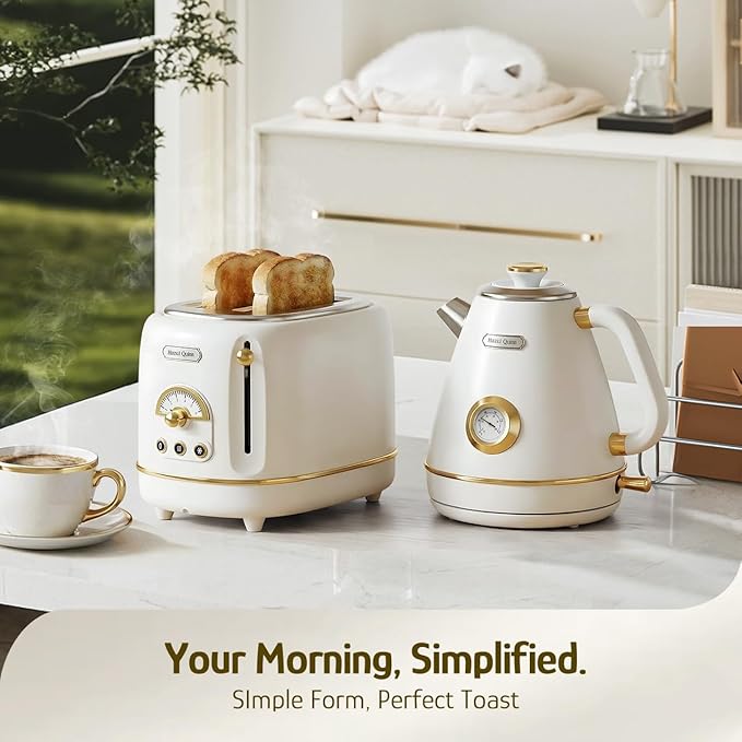 Hazel Quinn 2-Slice Retro Toaster 6 Browning Levels 3 Functions-Defrost/Reheat/Cancel Removable Crumb Tray for Easy to Clean 1.5 Inches Extra Wide Slots - Pearl White
