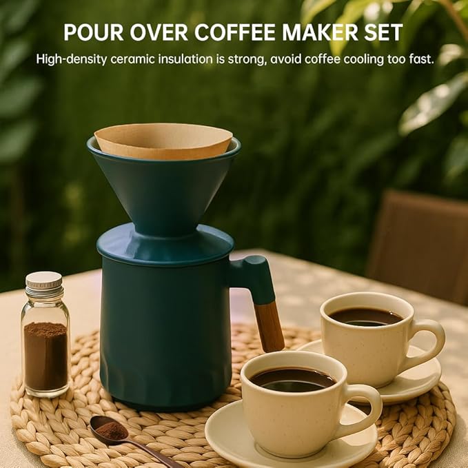 Pour Over Coffee Maker Set Ceramic Pour Over Coffee Dripper 15.5oz/450 ml with 25 Pcs V60 Paper Filter Coffee Pour Over Set for Camping Green