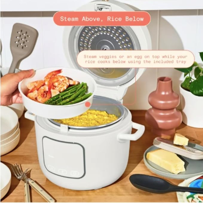 14-Cup Rice &amp Grain Cooker Touch-Activated Display 8 Presets Ceramic Nonstick Coating Steamer &amp Egg Tray Automatic Keep Warm Programmable 24 Hours White