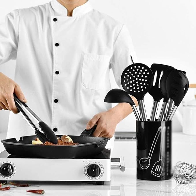 Kitchen Cooking Utensils Set 9-Piece Silicone Handle Cookware Set with Non-Stick Spatula Ladle Tongs Pasta Server Whisk &amp More Food-Grade Stainless Steel