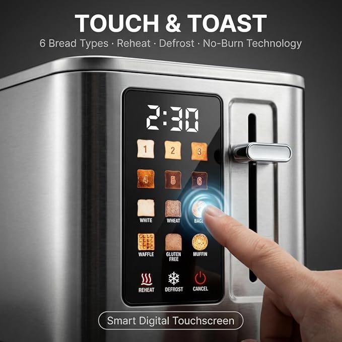 Touch Screen Toaster 2 Slice Digital Stainless Steel Bread Toaster with Timer 1.5'' Wide Slot 6 Shade Settings &amp 6 Bread Types Bagel Defrost Reheat Cancel Functions